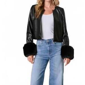 NEW J. SOCIETY faux leather cardigan jacket with fur cuffs in black
